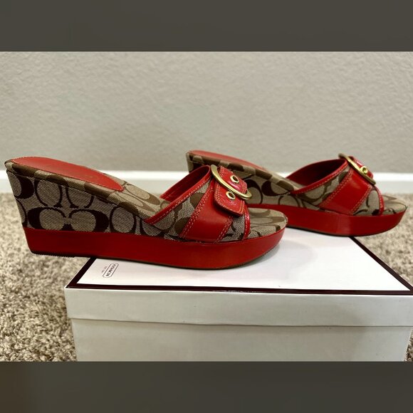 Y2K Coach Sandals Wedges Gretta Orange & Khaki Designer w/Box Vintage Fabric 8 - Picture 5 of 11